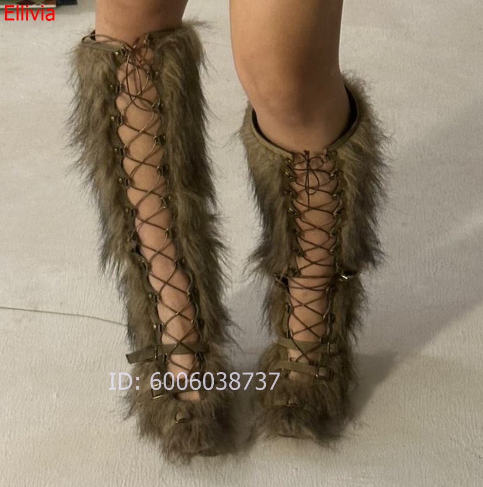 Women Furry Knee High Boots Op - огляд і ціна Elastic Lace Trim